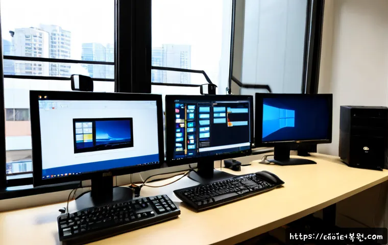 원남동 STATUS_DISK_FULL - Photorealistic remote-support workstation in a compact Wonam-dong office, dual monitors showing a cl...
