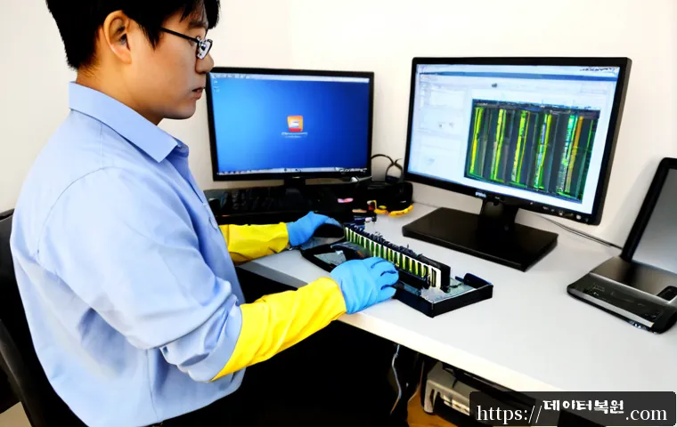 신영동 STATUS_DISK_READ_FAILURE - Photorealistic IT support workstation in a quiet hillside neighborhood office, desktop tower opened ...