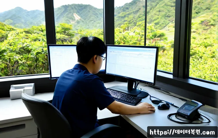 오포읍 STATUS_IO_ERROR - Photorealistic IT support workstation in a quiet suburban Korean office near low wooded hills, techn...