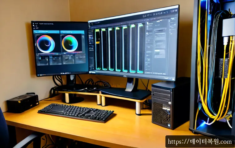 정릉동 pc복구중 - Photorealistic PC recovery workstation in a compact residential apartment near a quiet hillside neig...