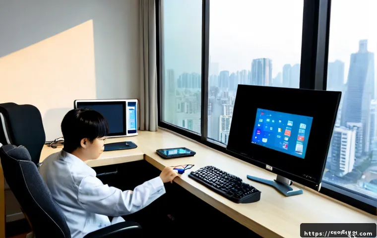 송파동 STATUS_PRIVILEGED_INSTRUCTION - Photorealistic remote-support workstation in a quiet Songpa-dong apartment office, dual monitors dis...