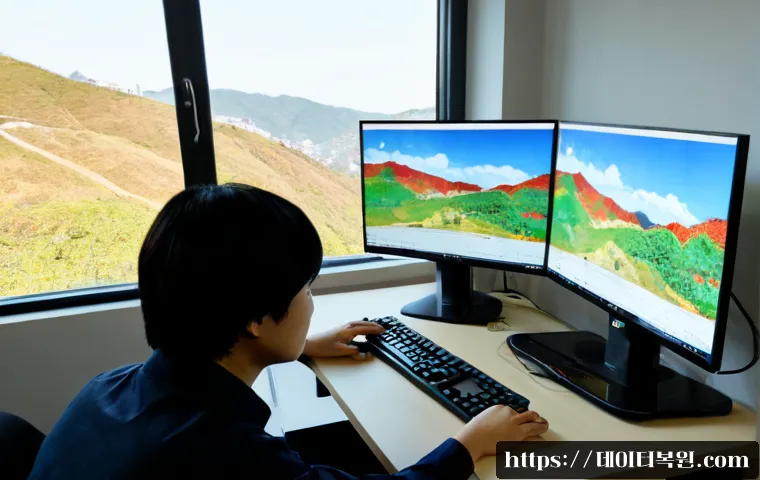 상도동 STATUS_IMAGE_CORRUPTION - Photorealistic remote-support workstation in a compact Sangdo-dong apartment office, dual monitors s...