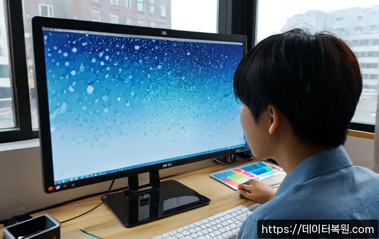 홍익동 STATUS_KERNEL_THREAD_FAILURE - Photorealistic creative studio workstation in Hongik-dong, a frustrated graphic designer facing a de...