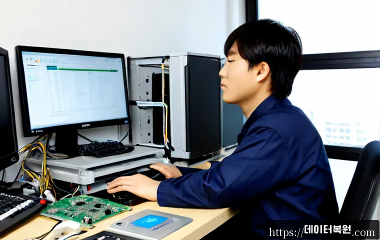 대신동 공장초기화복구 - Photorealistic computer recovery workstation in a compact Daesin-dong repair office, technician rest...