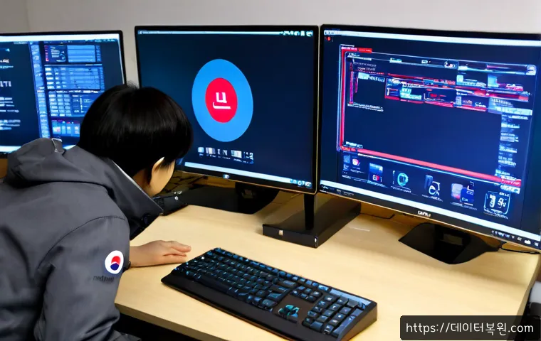토당동 STATUS_KERNEL_MODULE_ACCESS_DENIED - Photorealistic IT support workstation in a compact apartment office, dual monitors showing abstract ...