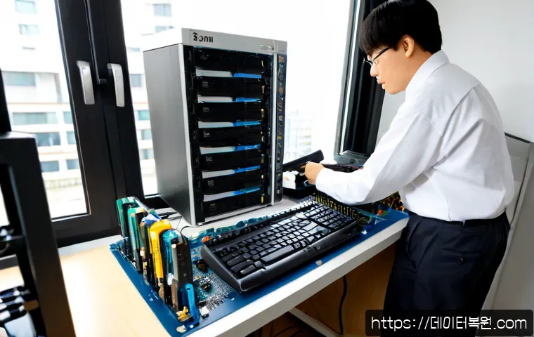 신월동 RAM조립 및 교체수리 - Photorealistic computer repair bench in a compact Sinwol-dong apartment office, technician carefully...