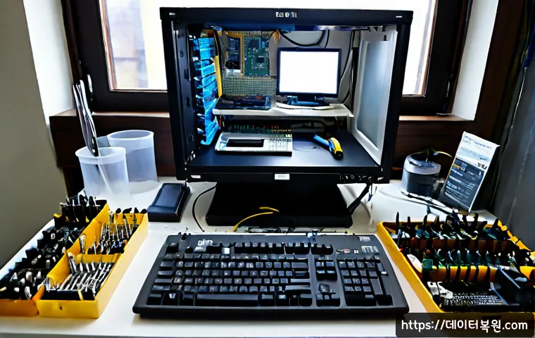 토당동 맥미니 판매 및 수리 - Photorealistic compact desktop computer repair bench in a quiet Todang-dong electronics workshop, sm...