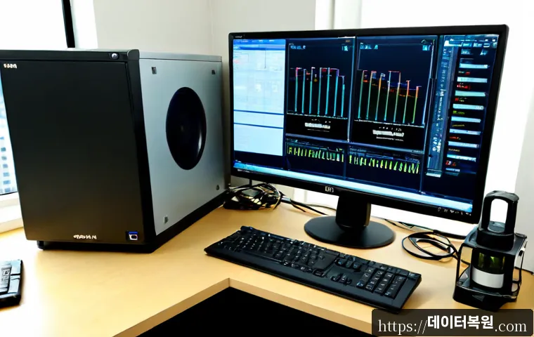 중계동 STATUS_KERNEL_MODULE_FAILURE - Photorealistic IT support workstation in a quiet apartment office, dual monitors showing abstract sy...