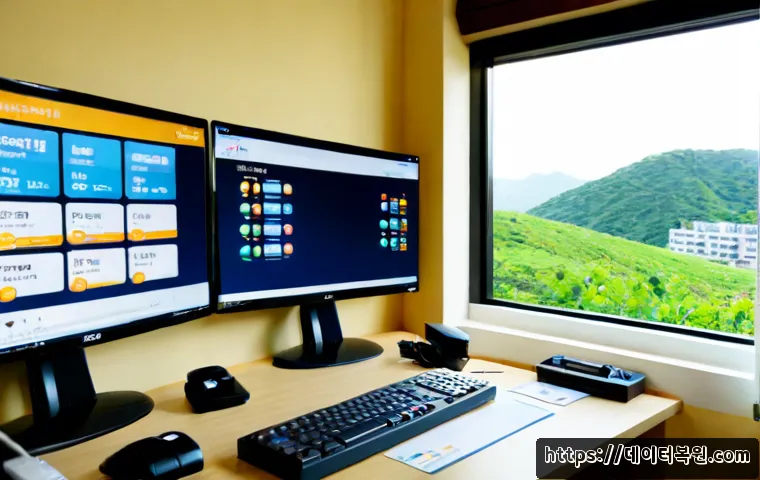 봉원동 MULTIPLE_IRP_COMPLETE_REQUESTS - Photorealistic remote-support workstation in a compact Bongwon-dong apartment office, dual monitors ...
