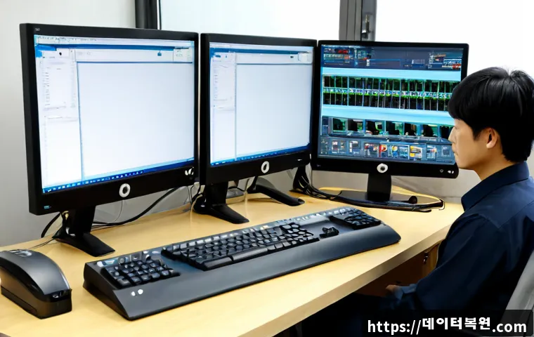 오장동 DEVICE_DRIVER_MISMATCH - Photorealistic IT support workstation in an Ojang-dong office near a traditional market district, du...