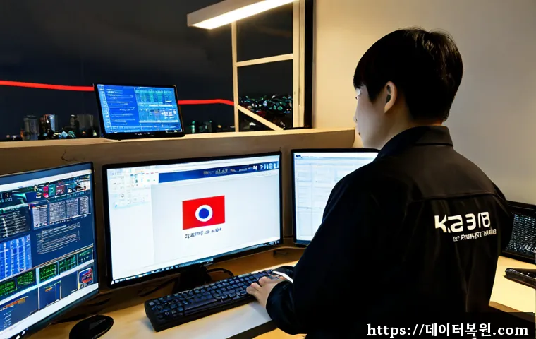 묵정동 STATUS_KERNEL_STACK_CORRUPTION - Photorealistic IT support workstation in a compact Mukjeong-dong office, dual monitors showing abstr...