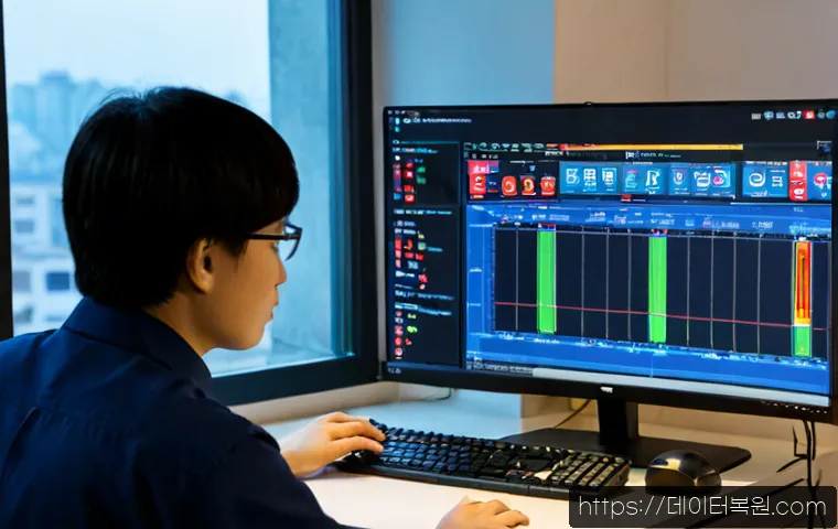 궁동 WATCHDOG_VIOLATION - Photorealistic IT support workstation in Gung-dong, dual monitors showing a clean abstract system di...