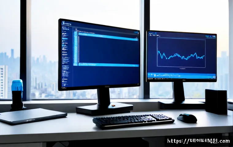 중산동 KERNEL_SECURITY_CHECK_FAILURE - Photorealistic remote IT support workstation in a modern apartment office, dual monitors showing a b...