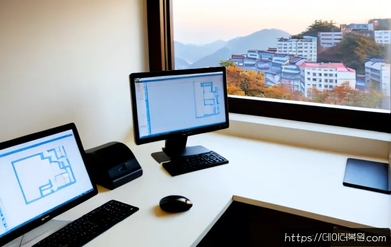 문원동 STATUS_UNSUCCESSFUL - Photorealistic compact architectural workstation in a quiet hillside apartment office, dual monitors...