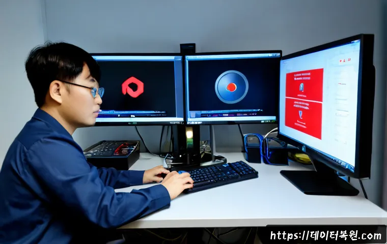 용신동 STATUS_KERNEL_REGISTRY_ERROR - Photorealistic IT support workstation in a compact Yongdu-dong office, dual monitors showing abstrac...