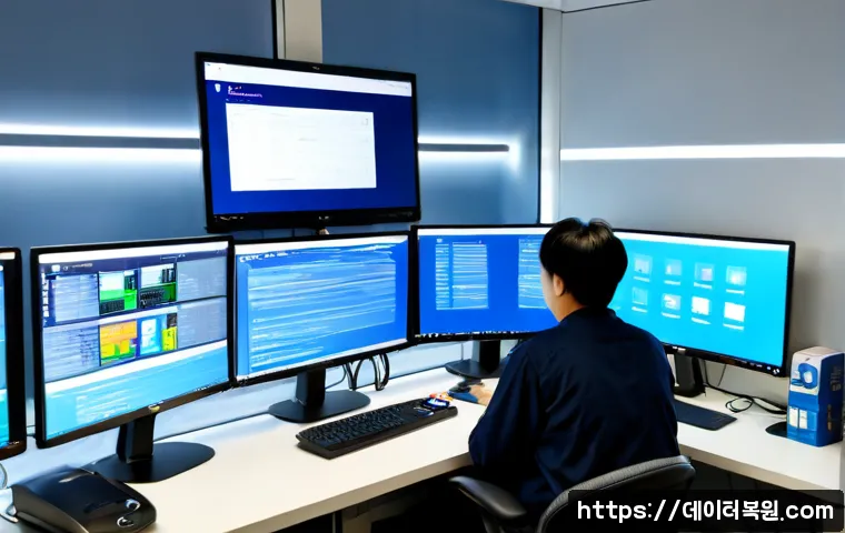 신도림 NTFS_FILE_SYSTEM - Photorealistic IT support workstation in a compact Shindorim-style high-rise office, dual monitors s...