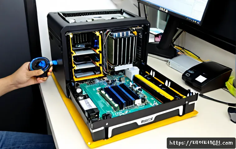 인수동 쿨러조립 및 교체수리 - Photorealistic computer repair workstation in Insu-dong, technician carefully mounting a tower CPU c...