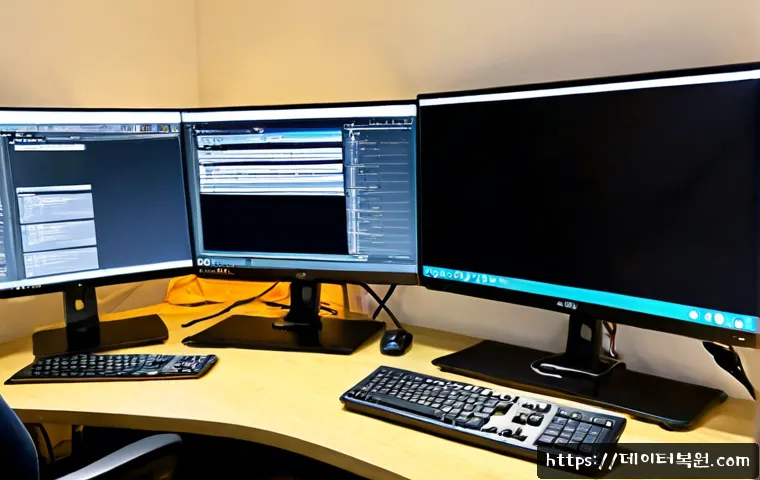 대신동 입력신호가 없습니다 - Photorealistic remote-support workstation in a compact Daesin-dong apartment office, dual monitors w...