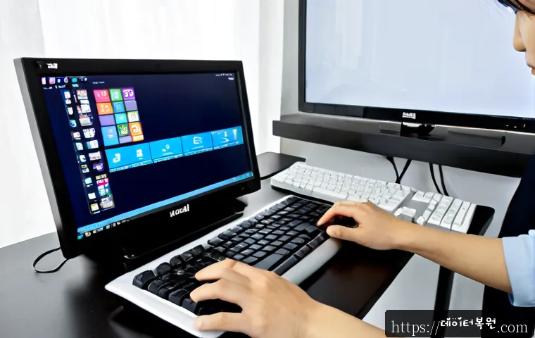염리동 프리도스 윈도우설치 - Photorealistic compact home-office workstation in Yeomni-dong, Seoul, a clean desktop PC displaying ...