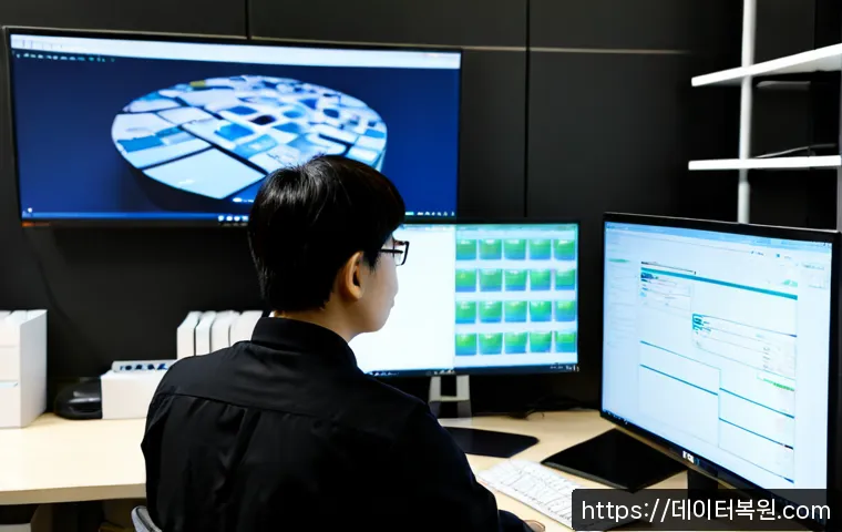 동교동 CDFS_FILE_SYSTEM - Photorealistic IT support workstation in a compact Donggyo-dong creative office, dual monitors displ...