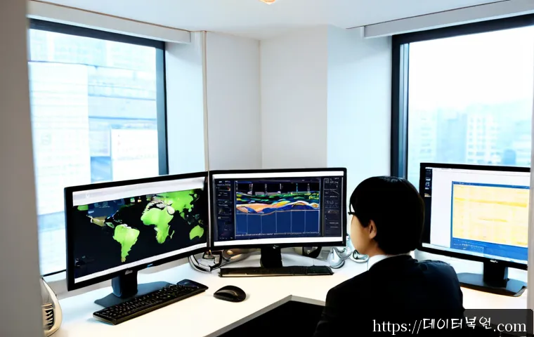 관수동 SESSION_HAS_VALID_VIEWS_ON_EXIT - Photorealistic IT support workstation in a compact Jongno district office, dual monitors showing a c...
