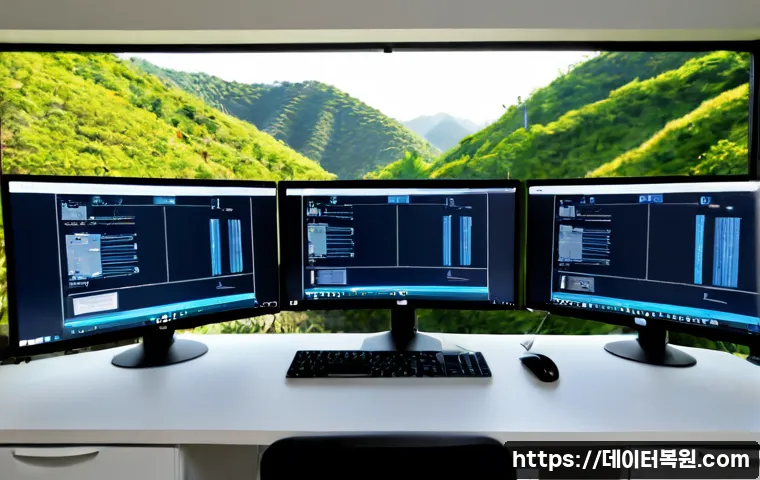 동화동 INVALID_KERNEL_HANDLE - Photorealistic remote-support workstation in a compact Donghwa-dong apartment office, dual monitors ...
