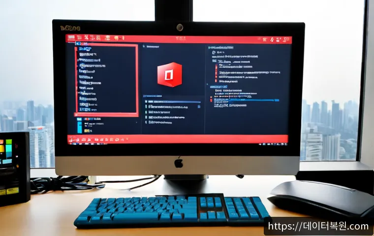토당동 STATUS_KERNEL_ACCESS_DENIED - Photorealistic IT support workstation in Totang-dong, Goyang, dual monitors showing a blank software...