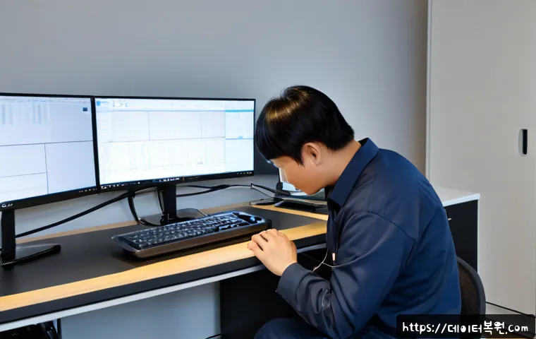 고척동 케이블연결확인 - Photorealistic desktop support scene in a compact Gocheok-dong apartment office, technician checking...