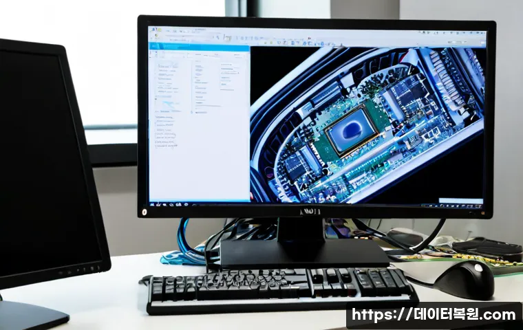 원지동 THREAD_STUCK_IN_DEVICE_DRIVER - Photorealistic IT support workstation in a quiet Wonji-dong office, desktop PC opened beside a dual-...