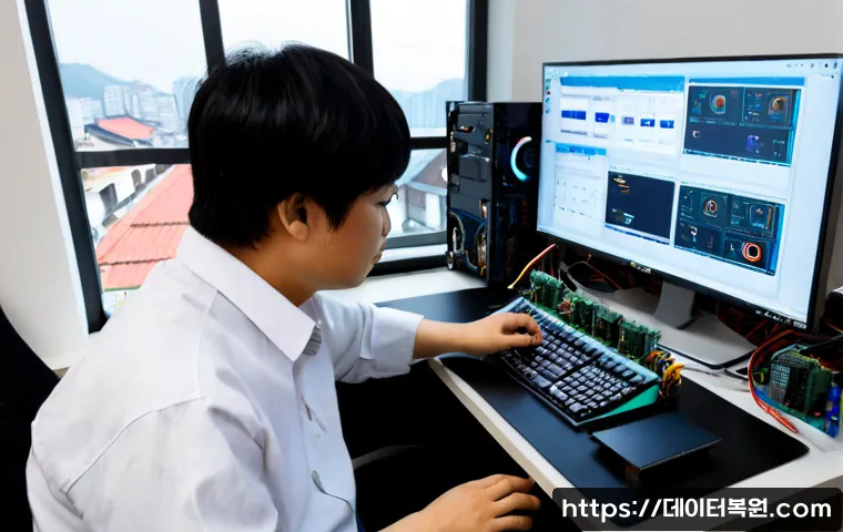 묵정동 RAM조립 및 교체수리 - Photorealistic computer repair workstation in a compact Mukjeong-dong office, technician carefully i...