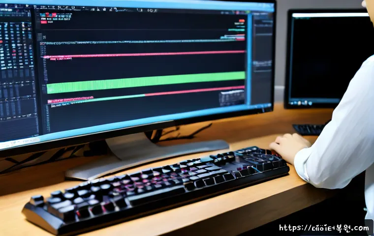 초동 STATUS_CONTROL_C_EXIT - Photorealistic software developer workstation, dual unbranded monitors showing abstract code-like co...