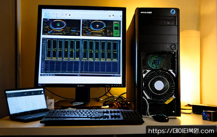 방화동 팬돌다 멈춤 - Photorealistic PC repair workstation in a compact Banghwa-dong apartment, a desktop tower opened bes...