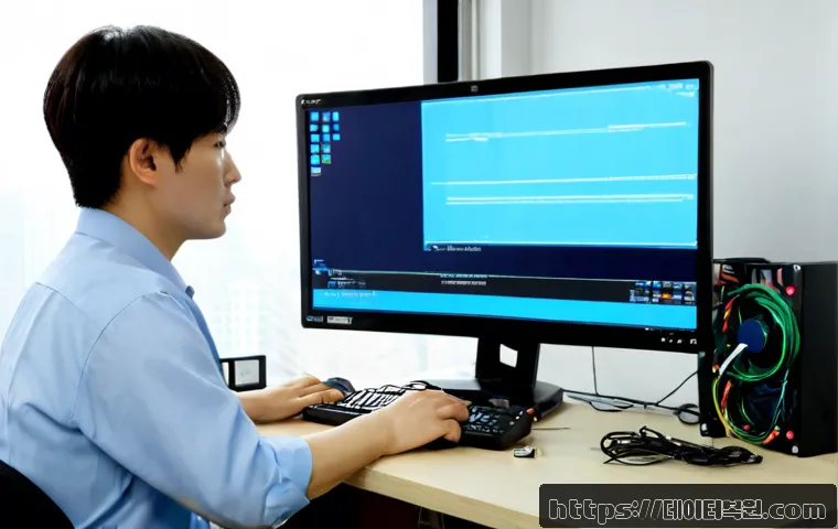 대현동 KERNEL_SECURITY_CHECK_FAILURE - Photorealistic remote IT support workstation in a compact Daeheyon apartment office, dual monitors s...