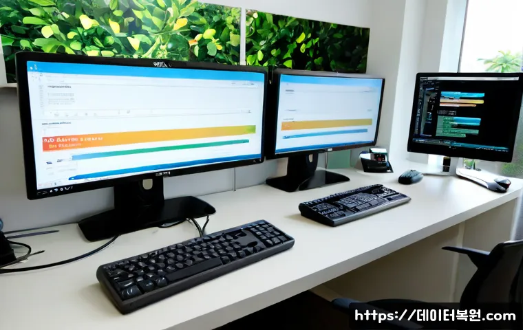 하계동 STATUS_RESOURCE_NOT_OWNED - Photorealistic IT support workstation in a compact modern office near a leafy residential district, ...