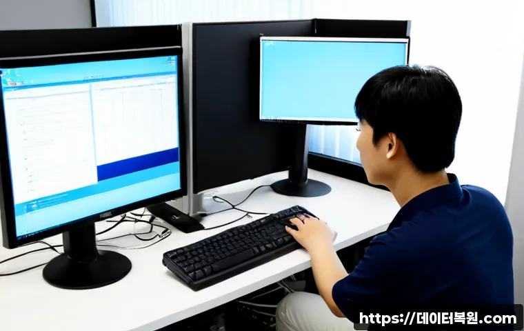 수송동 CRITICAL_PROCESS_DIED - Photorealistic IT support workstation in a modern Seoul office near Songsong-dong, dual monitors sho...