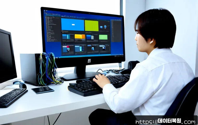 길음동 NMI_HARDWARE_FAILURE - Photorealistic IT technician diagnosing a compact desktop workstation with its side panel removed, s...