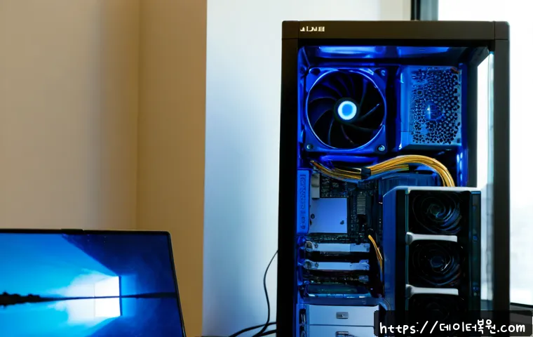 원흥동 INACCESSIBLE_BOOT_DEVICE - Photorealistic IT support workstation in Wonheung-dong, dual monitors showing a blank blue recovery ...