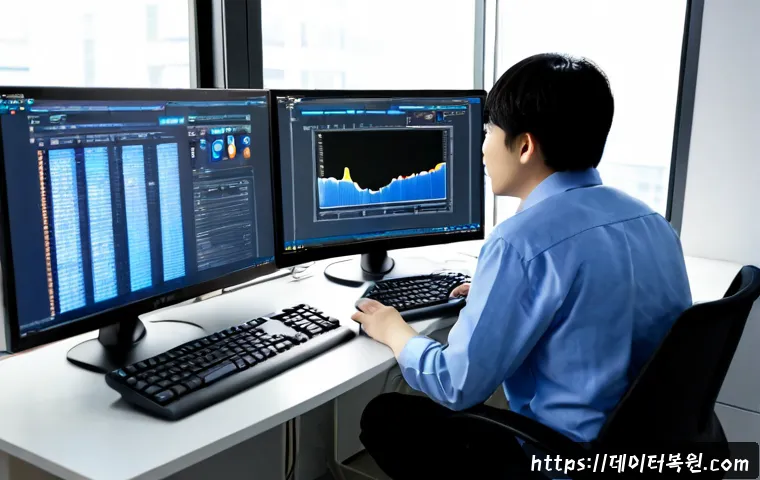 적선동 STATUS_KERNEL_DATA_CORRUPTION - Photorealistic remote-support workstation in a compact central Seoul office, dual monitors showing a...
