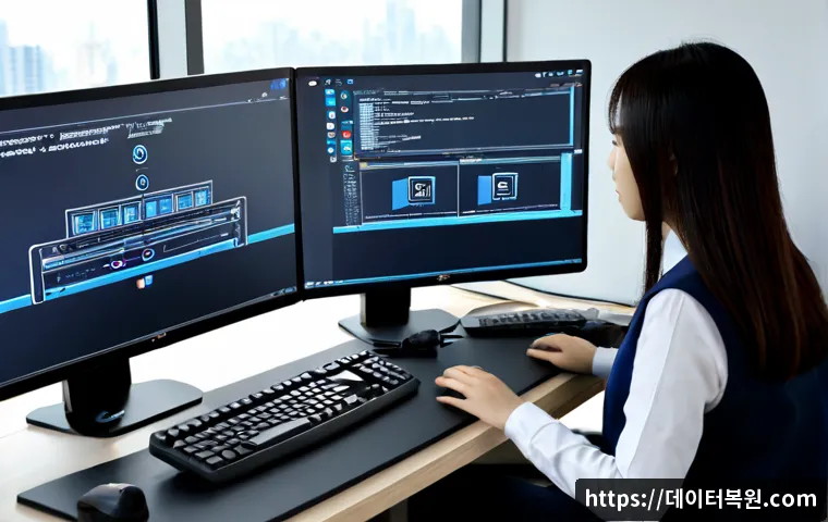 율현동 STATUS_FILE_LOCK_CONFLICT - Photorealistic remote-support workstation in a modern Yulhyeon-dong apartment office, dual monitors ...