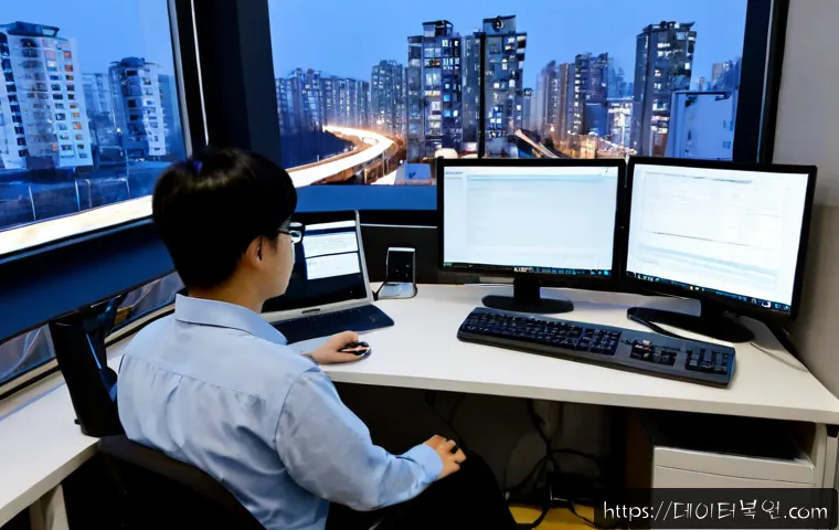 면목동 STATUS_KERNEL_CONNECTION_TIMEOUT - Photorealistic remote-support workstation in a compact Myeonmok-dong apartment office, dual monitors...
