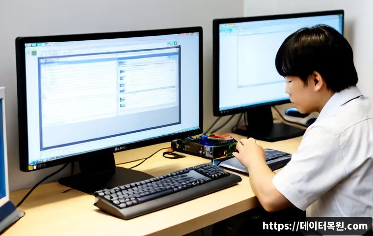 쌍림동 STATUS_KERNEL_DISK_ERROR - Photorealistic IT support workstation in a compact Ssangnim-dong office, dual monitors showing a cle...