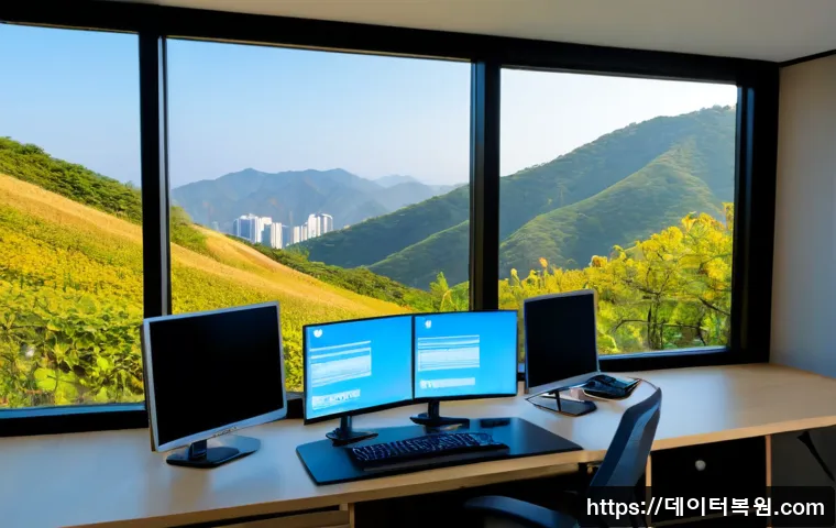 옥천동 STATUS_MODULE_ACCESS_DENIED - Photorealistic IT support workstation in a compact Korean office, dual monitors showing a muted acce...