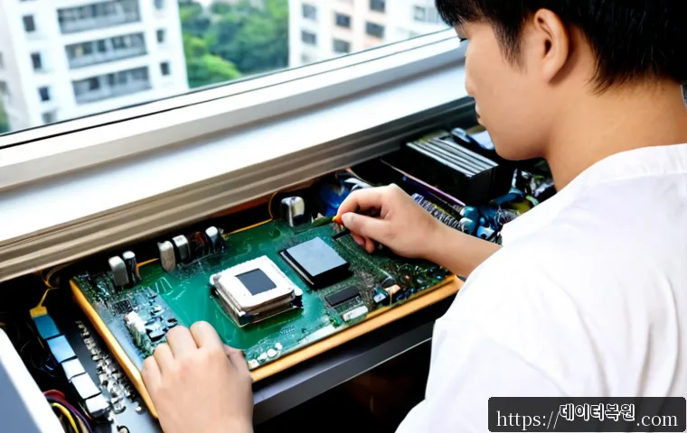 반포동 cpu조립 및 교체수리 - Photorealistic CPU assembly repair bench in a refined Banpo-dong apartment home office, technician c...