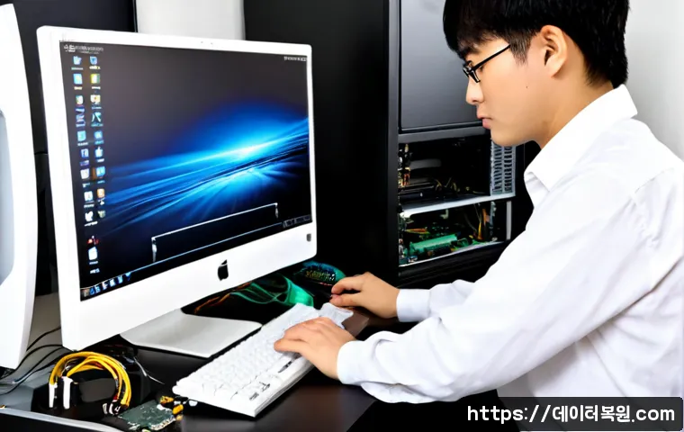 청파동 컴퓨터 desktop 출장방문수리점 - Photorealistic desktop computer repair technician servicing an open tower PC beside a dual-monitor p...