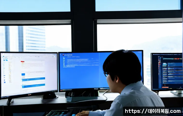 공덕동 PAGE_FAULT_IN_NONPAGED_AREA - Photorealistic IT support workstation in Gongdeok-dong, Seoul, dual monitors with a blank cobalt-blu...