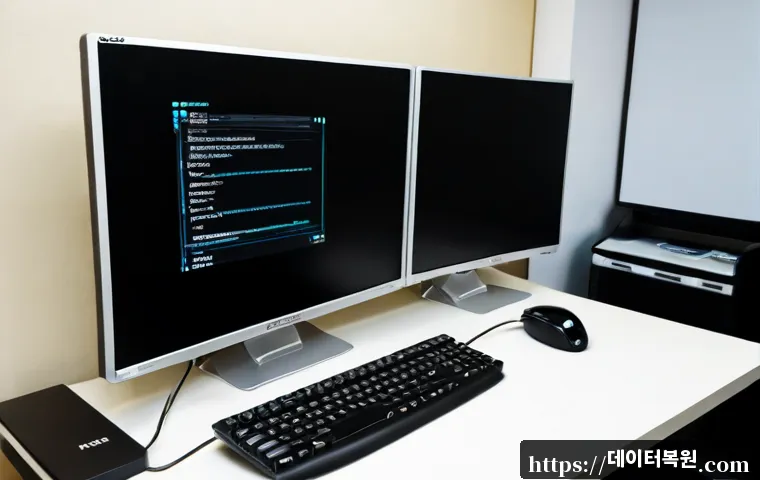 신당동 PAGE_TABLE_CORRUPT - Photorealistic IT support workstation in a compact Seoul office, dual monitors showing a blank datab...