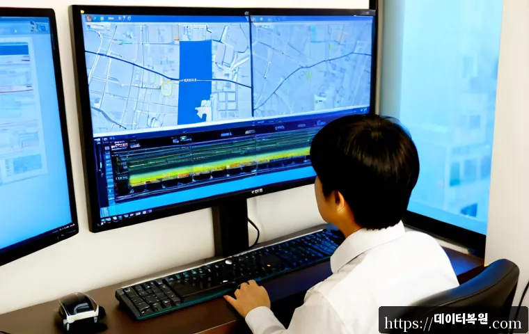 서원동 PFN_LIST_CORRUPT - Photorealistic IT support workstation in a compact Seowon-dong office, dual monitors showing an abst...