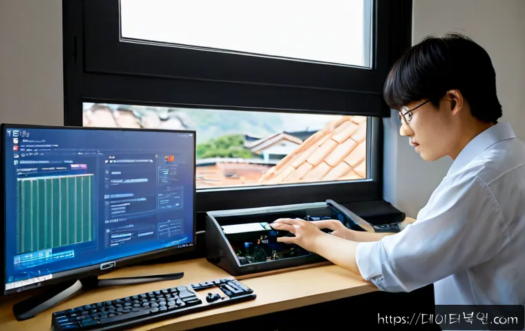 냉천동 ACPI_BIOS_ERROR - Photorealistic remote-support workstation in a compact Korean hillside apartment, dual monitors show...