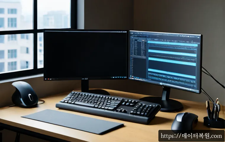 도렴동 STATUS_SESSION_TIMEOUT - Photorealistic IT support workstation in a modern office near a quiet historic government district, ...