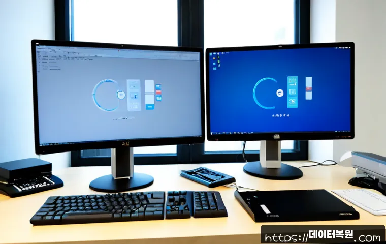 하안동 BAD_SYSTEM_CONFIG_INFO - Photorealistic IT support workstation in a compact Ha-an-dong apartment office, dual monitors showin...